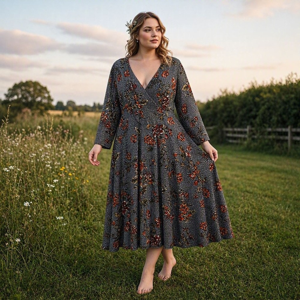 Dress Cottagecore Floral Whimsigoth Plus Size 3X Faux Wrap Midi Ronni Nicole 22W